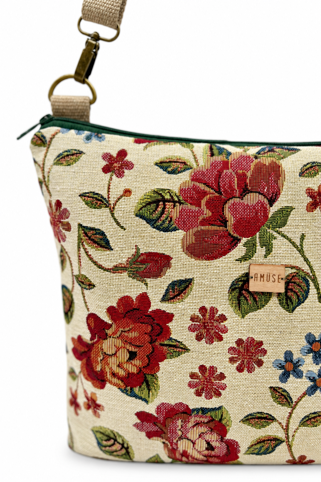Bandolera maxi Flowers sobre fondo blanco